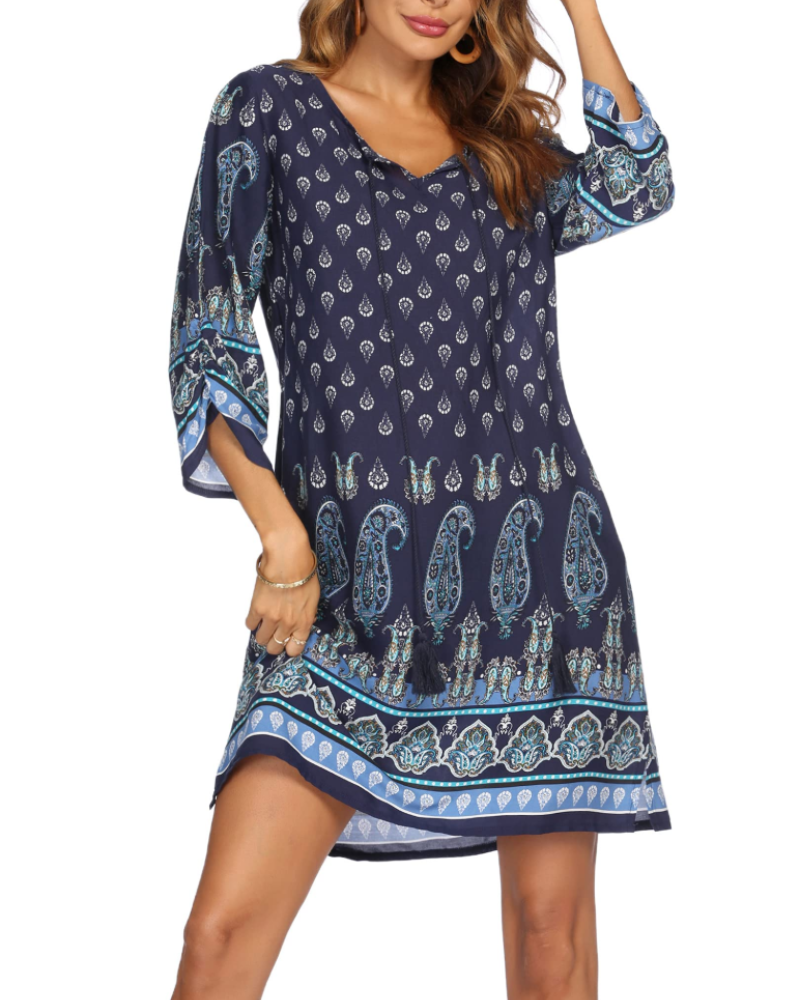 Robe Tunique Boho Evelyn pour Femme – Manches Longues, Franges et Imprimé Floral