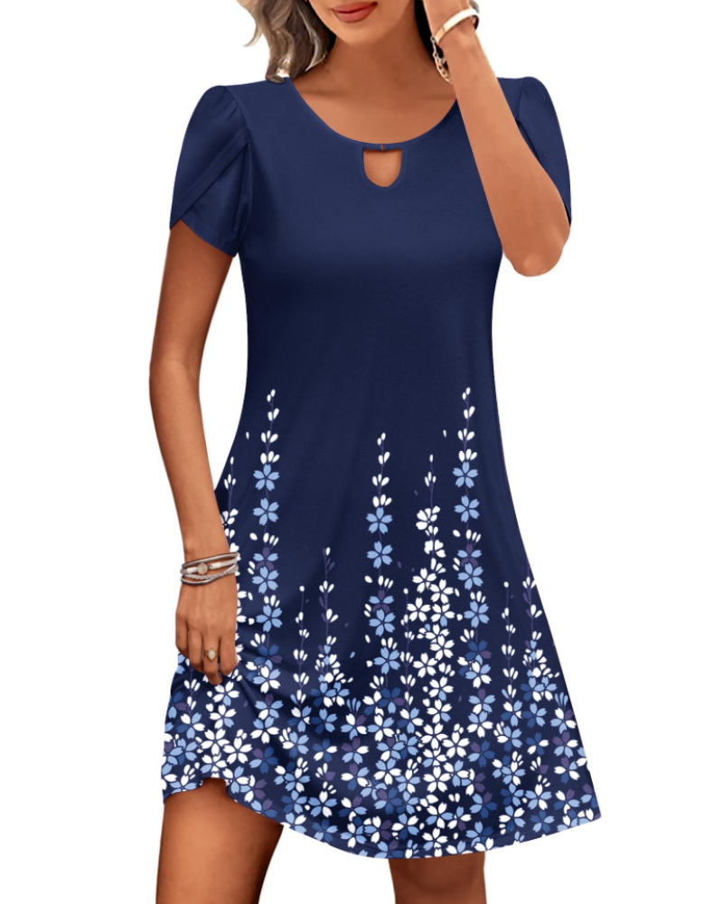 Camille Vestido Midi Floral Mujer – Cuello Redondo, Mangas Abullonadas y Bolsillos