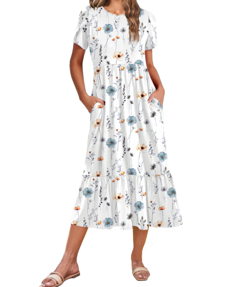 Elodie Vestido Midi Floral Mujer – Mangas Pétalo, Bolsillos y Falda con Volantes