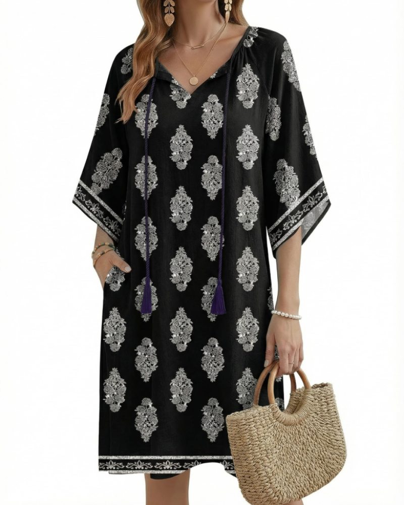 Robe Tunique Bohème Cecilia Femme – Col en V, Pompons, Poches et Manches Mi-longues