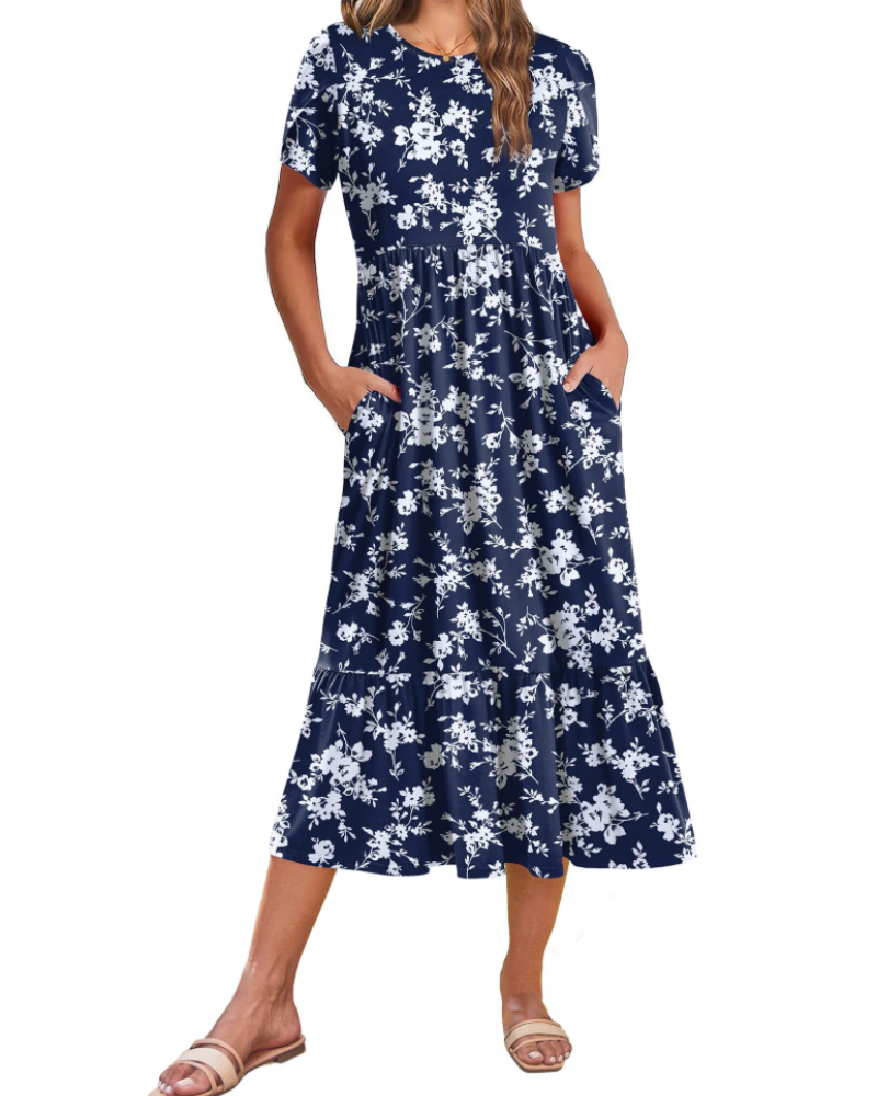 Elodie Vestido Midi Floral Mujer – Mangas Pétalo, Bolsillos y Falda con Volantes