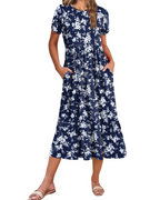 Elodie Vestido Midi Floral Mujer – Mangas Pétalo, Bolsillos y Falda con Volantes