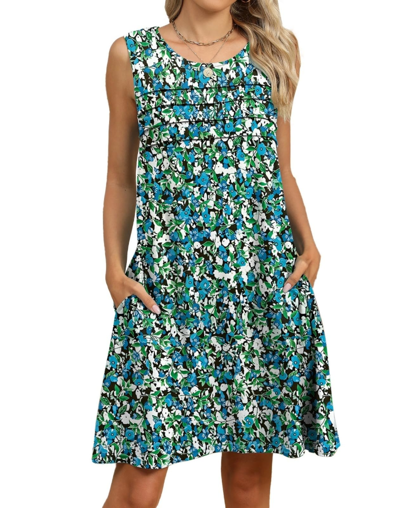 Sloane Vestido Midi Floral Mujer – Sin Mangas, Pliegues, Bolsillos y Corte Línea A