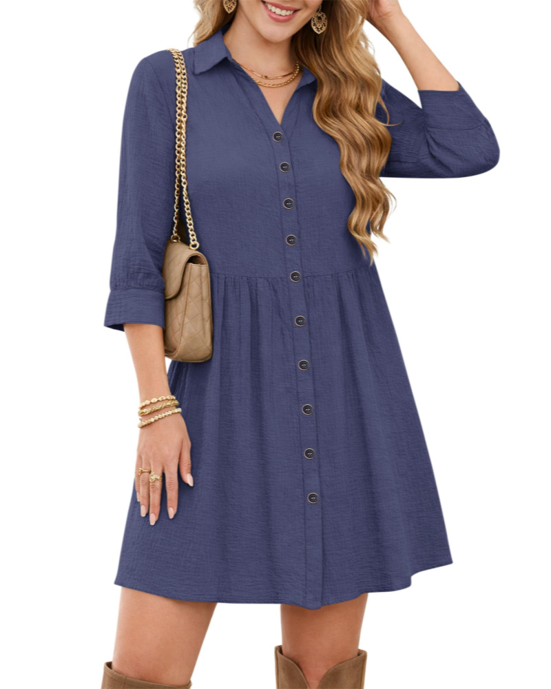 Robe Chemise Femme Avery – Col en V, Taille Empire, Poches et Boutons