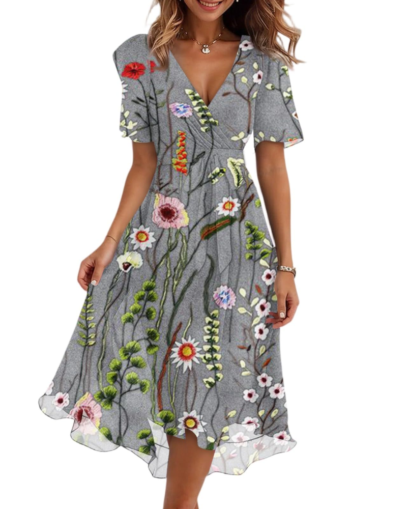 Robe Midi Florale Florence pour Femme – Col Croisé, Ceinture et Manches Bouffantes