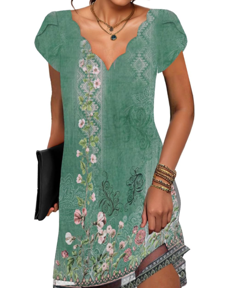 Robe Tunique Ariana Femme – Col en V, Manches Courtes et Ourlet Fluide