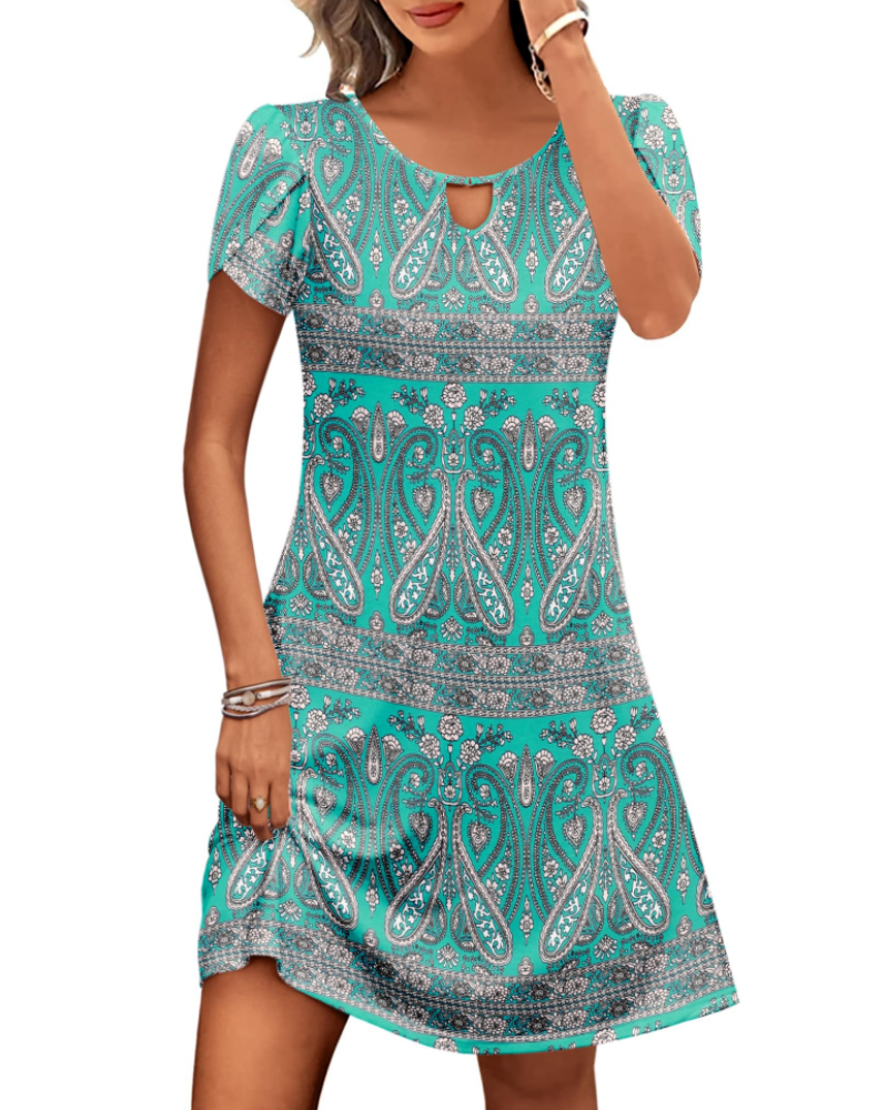 Camille Vestido Midi Floral Mujer – Cuello Redondo, Mangas Abullonadas y Bolsillos