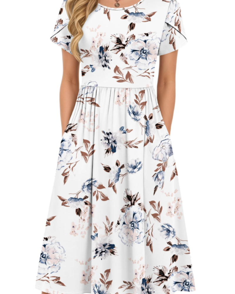 Robe Midi d'Été pour Femme Isabelle – Taille Élastique, Manches Pétales et Poches