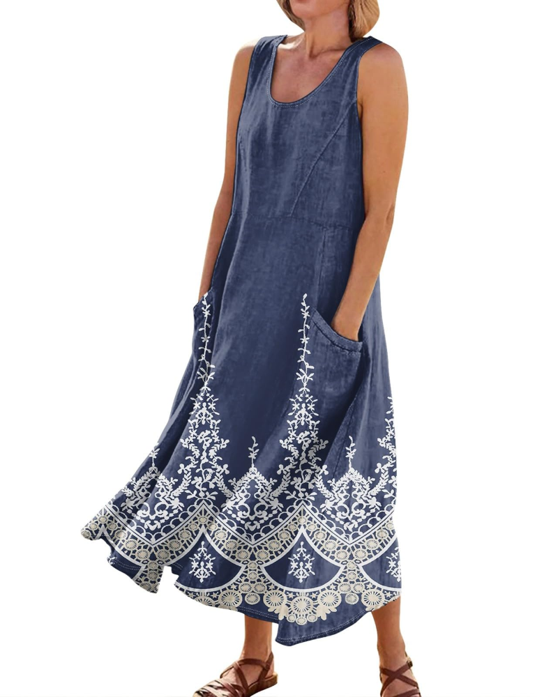 Hazel Vestido Maxi Boho Mujer – Cuello en V, Bolsillos y Manga Corta