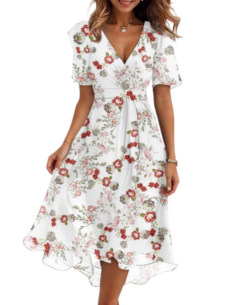 Vestito Midi Floreale da Donna Florence – Collo Incrociato, Cintura e Maniche a Sbuffo