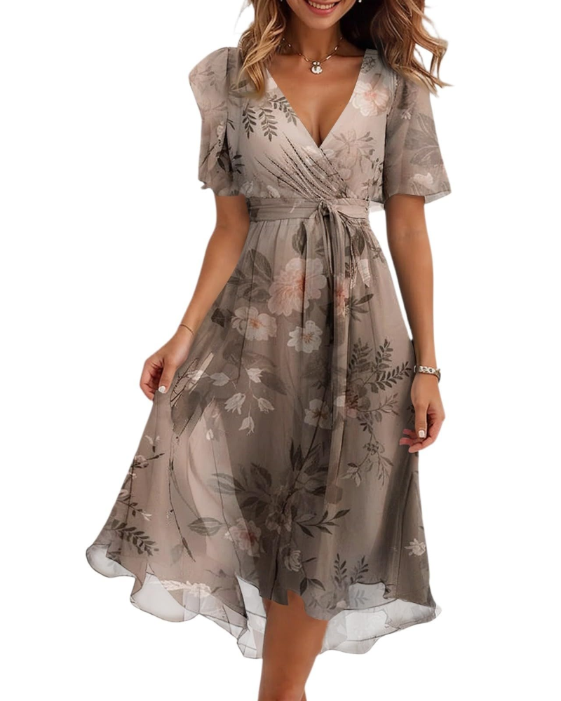 Robe Midi Florale Florence pour Femme – Col Croisé, Ceinture et Manches Bouffantes