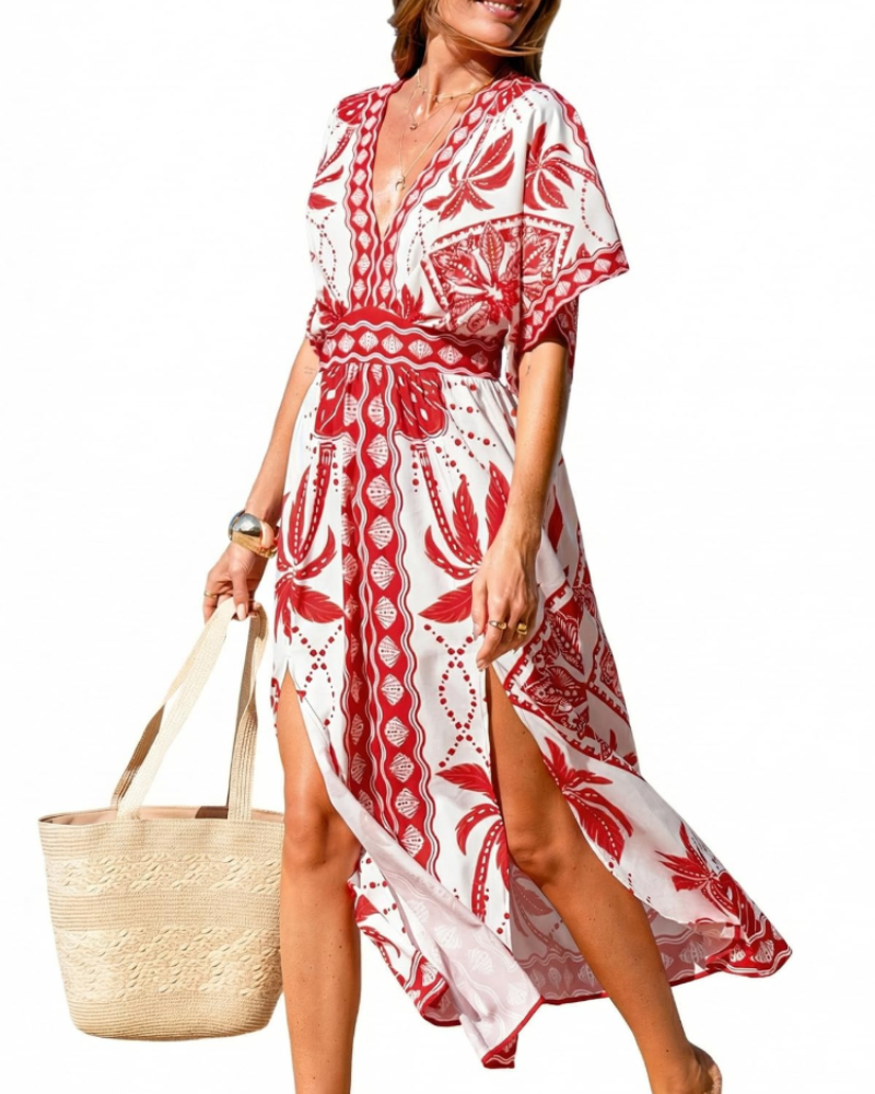 Robe Maxi Boho Juliet pour Femme – Manches Kimono, Col en V, Taille Haute et Fente