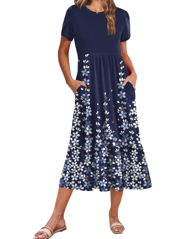 Elodie Vestido Midi Floral Mujer – Mangas Pétalo, Bolsillos y Falda con Volantes