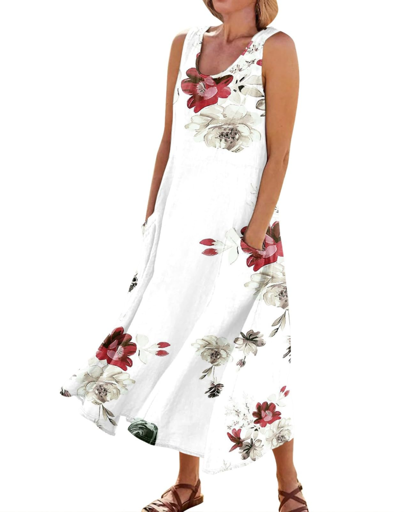 Hazel Vestido Maxi Boho Mujer – Cuello en V, Bolsillos y Manga Corta