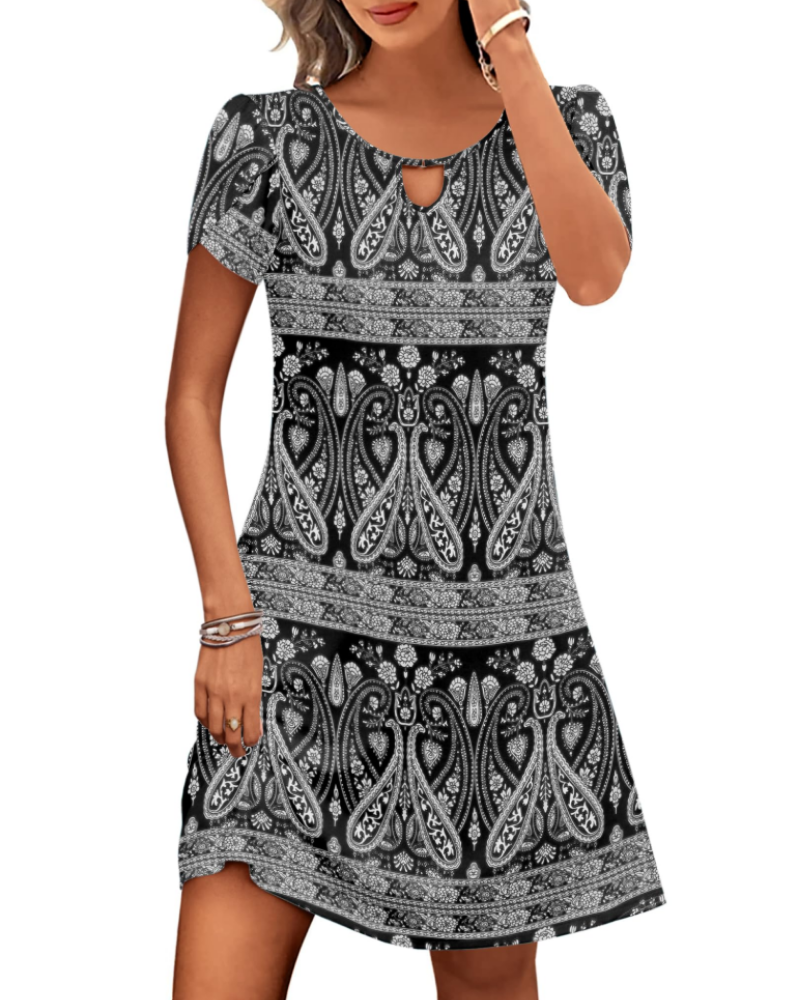 Camille Vestido Midi Floral Mujer – Cuello Redondo, Mangas Abullonadas y Bolsillos