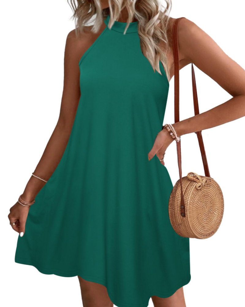 Bianca Vestido Mini Halter Mujer – Espalda Abierta, Bolsillos y Corte Línea A