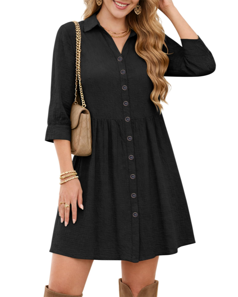 Robe Chemise Femme Avery – Col en V, Taille Empire, Poches et Boutons