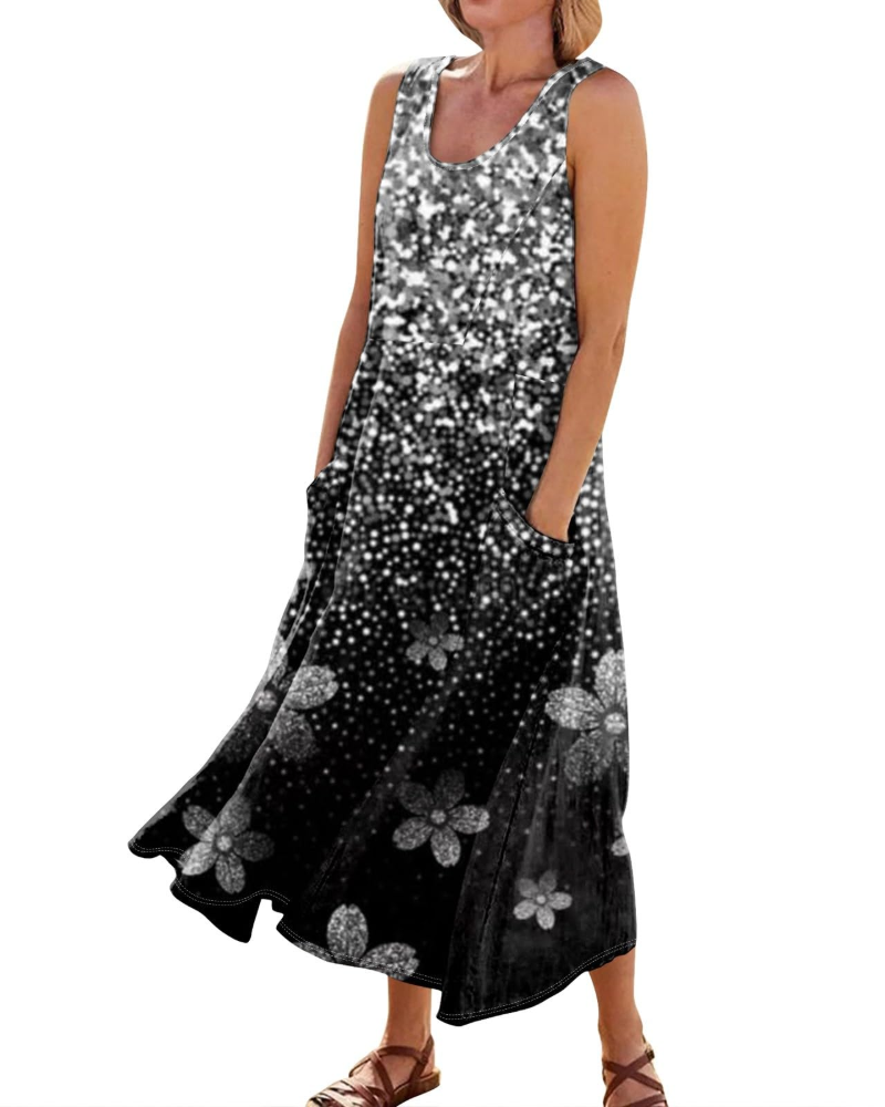 Hazel Vestido Maxi Boho Mujer – Cuello en V, Bolsillos y Manga Corta