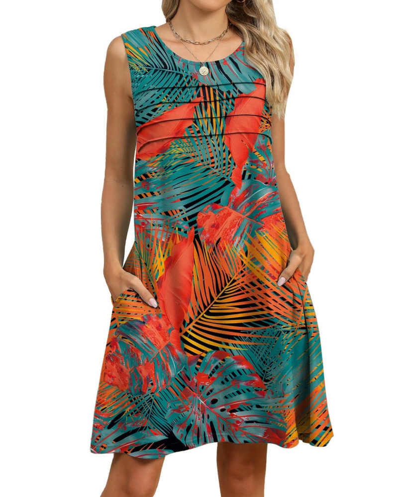 Robe Midi Florale Sloane Femme – Sans Manches, Plis, Poches et Coupe Ligne A