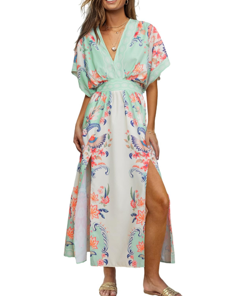 Robe Maxi Boho Juliet pour Femme – Manches Kimono, Col en V, Taille Haute et Fente