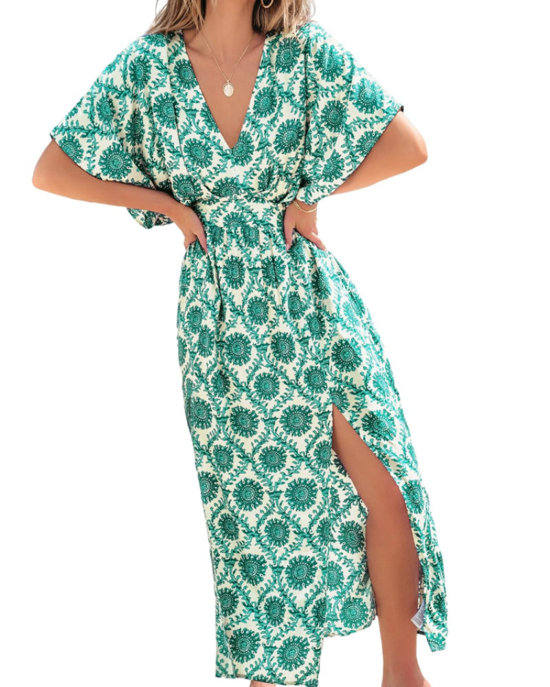 Robe Maxi Boho Juliet pour Femme – Manches Kimono, Col en V, Taille Haute et Fente