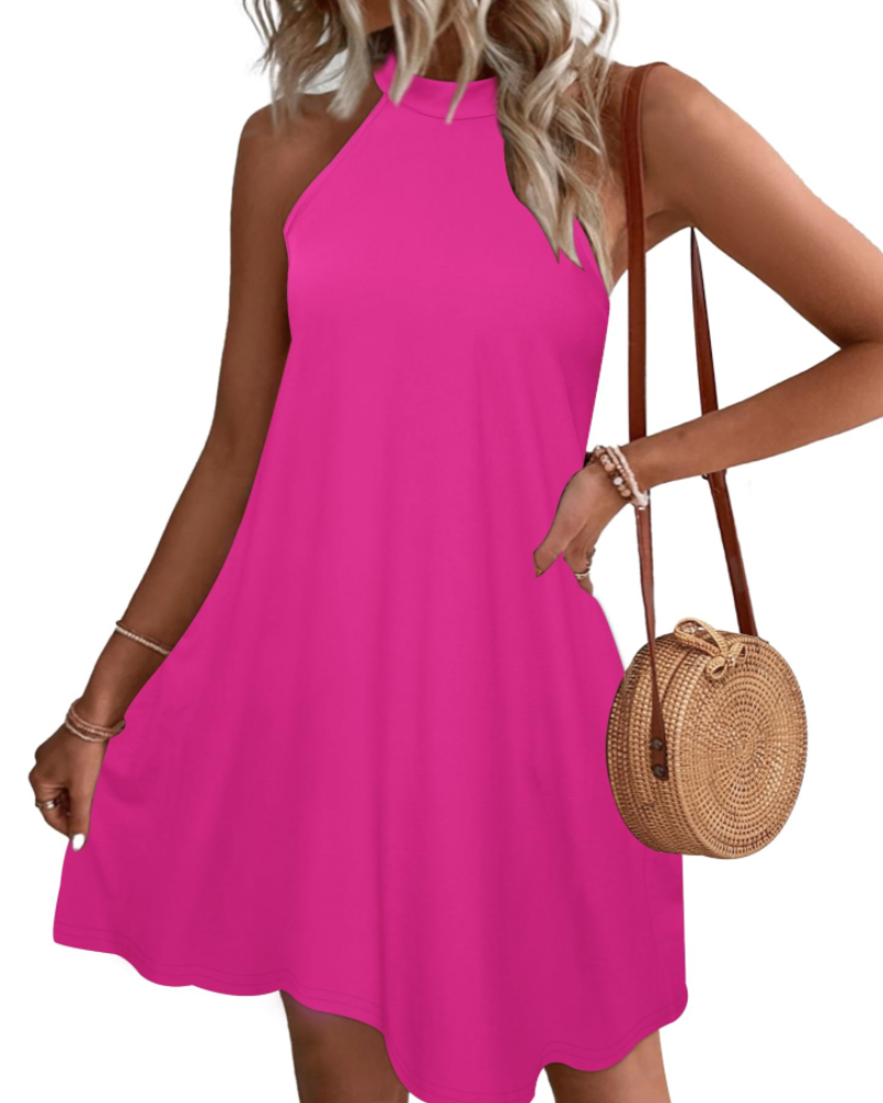 Bianca Vestido Mini Halter Mujer – Espalda Abierta, Bolsillos y Corte Línea A