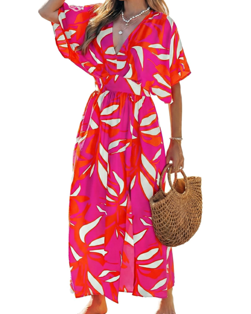 Robe Maxi Boho Juliet pour Femme – Manches Kimono, Col en V, Taille Haute et Fente