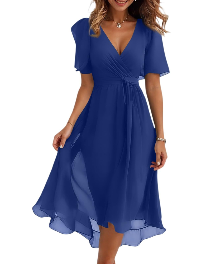 Robe Midi Florale Florence pour Femme – Col Croisé, Ceinture et Manches Bouffantes
