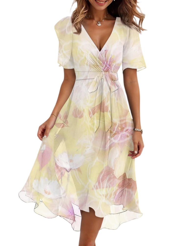 Robe Midi Florale Florence pour Femme – Col Croisé, Ceinture et Manches Bouffantes