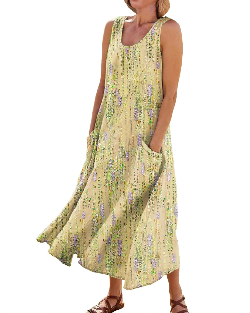Hazel Vestido Maxi Boho Mujer – Cuello en V, Bolsillos y Manga Corta
