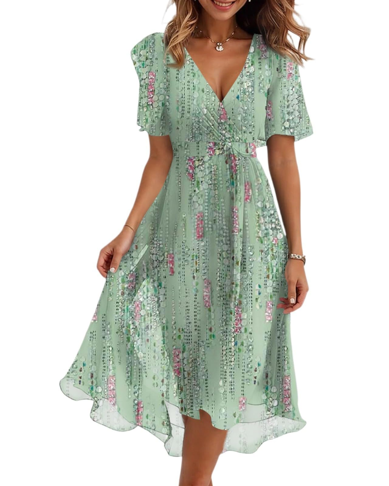Robe Midi Florale Florence pour Femme – Col Croisé, Ceinture et Manches Bouffantes