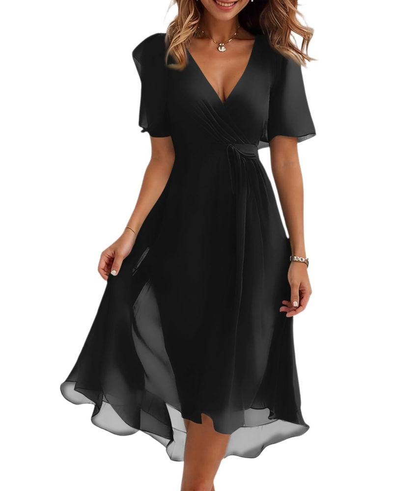 Robe Midi Florale Florence pour Femme – Col Croisé, Ceinture et Manches Bouffantes