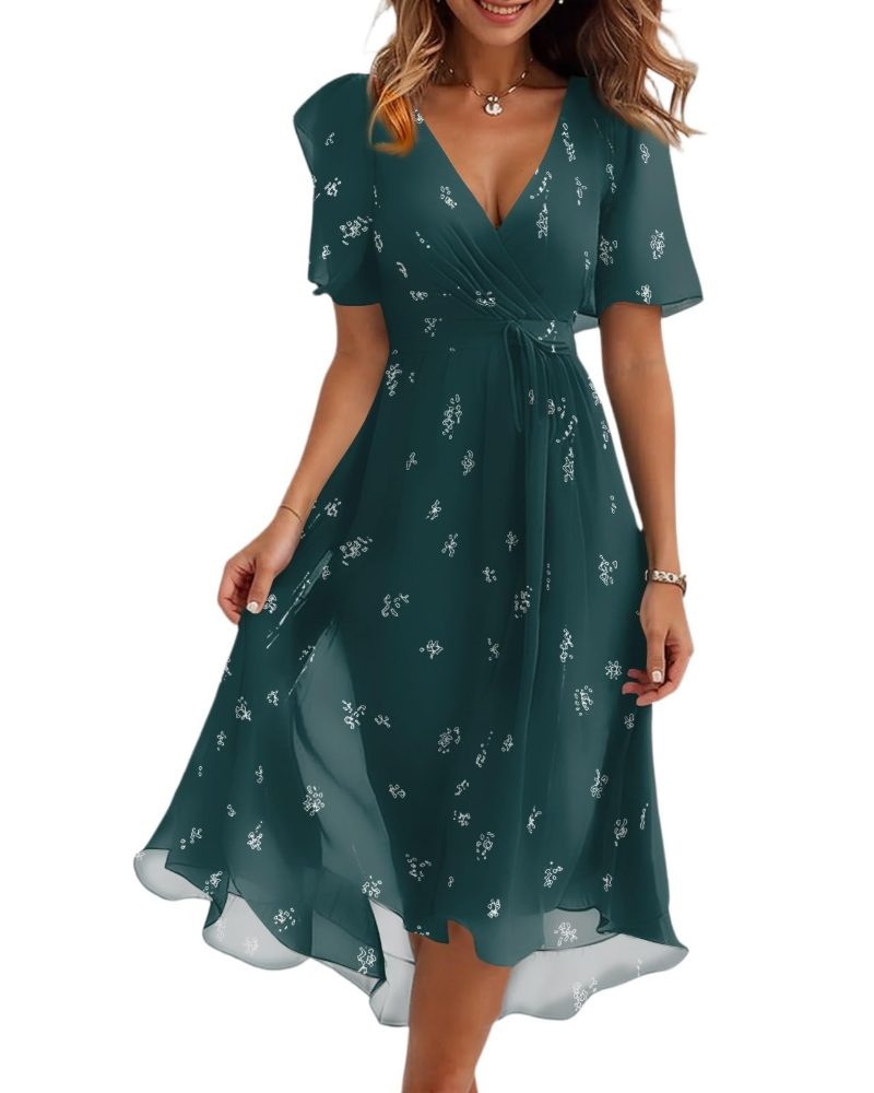 Robe Midi Florale Florence pour Femme – Col Croisé, Ceinture et Manches Bouffantes
