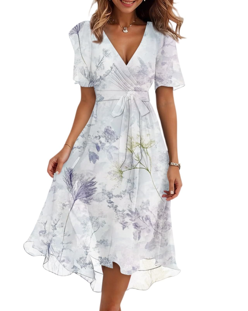 Robe Midi Florale Florence pour Femme – Col Croisé, Ceinture et Manches Bouffantes