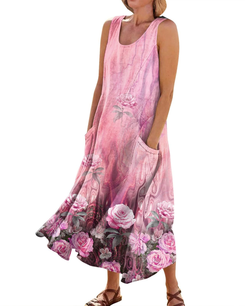Hazel Vestido Maxi Boho Mujer – Cuello en V, Bolsillos y Manga Corta