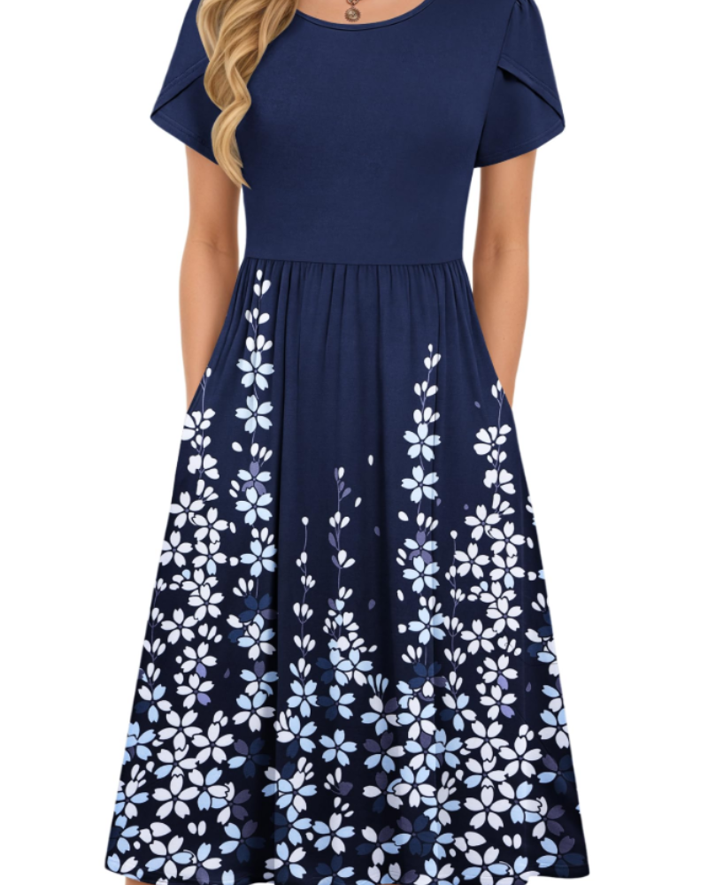 Robe Midi d'Été pour Femme Isabelle – Taille Élastique, Manches Pétales et Poches