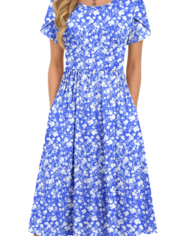 Robe Midi d'Été pour Femme Isabelle – Taille Élastique, Manches Pétales et Poches