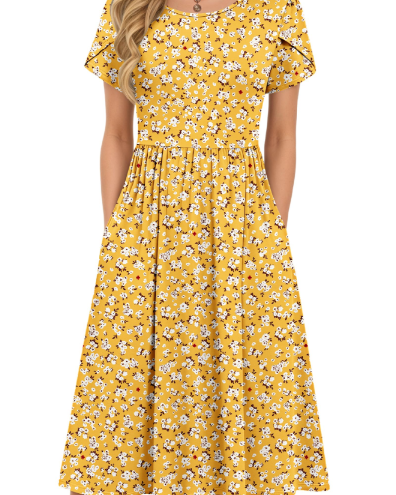 Robe Midi d'Été pour Femme Isabelle – Taille Élastique, Manches Pétales et Poches