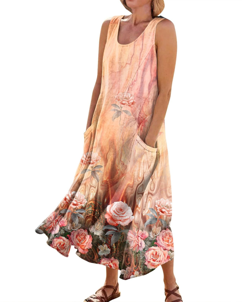 Hazel Vestido Maxi Boho Mujer – Cuello en V, Bolsillos y Manga Corta