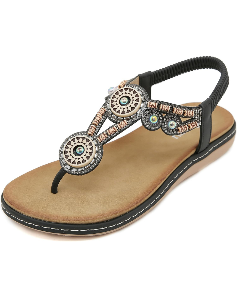 Sandales Victoria pour femme bohèmes – Fleur en strass, rembourrées et antidérapantes