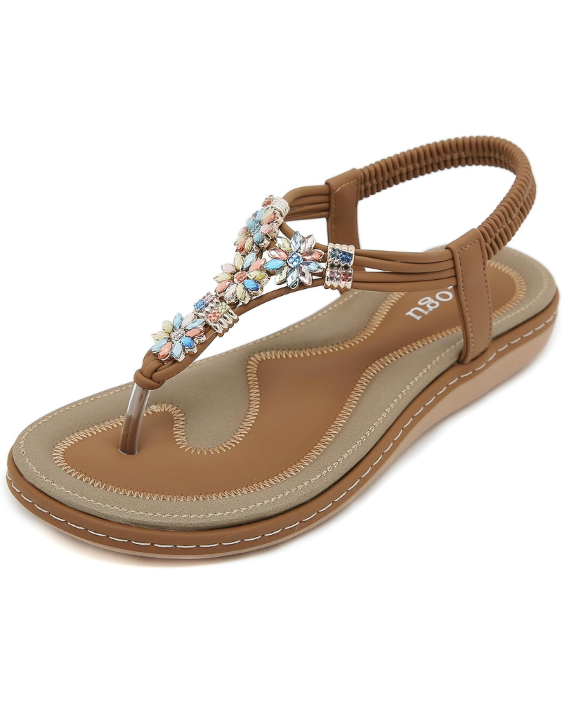 Sandales Victoria pour femme bohèmes – Fleur en strass, rembourrées et antidérapantes