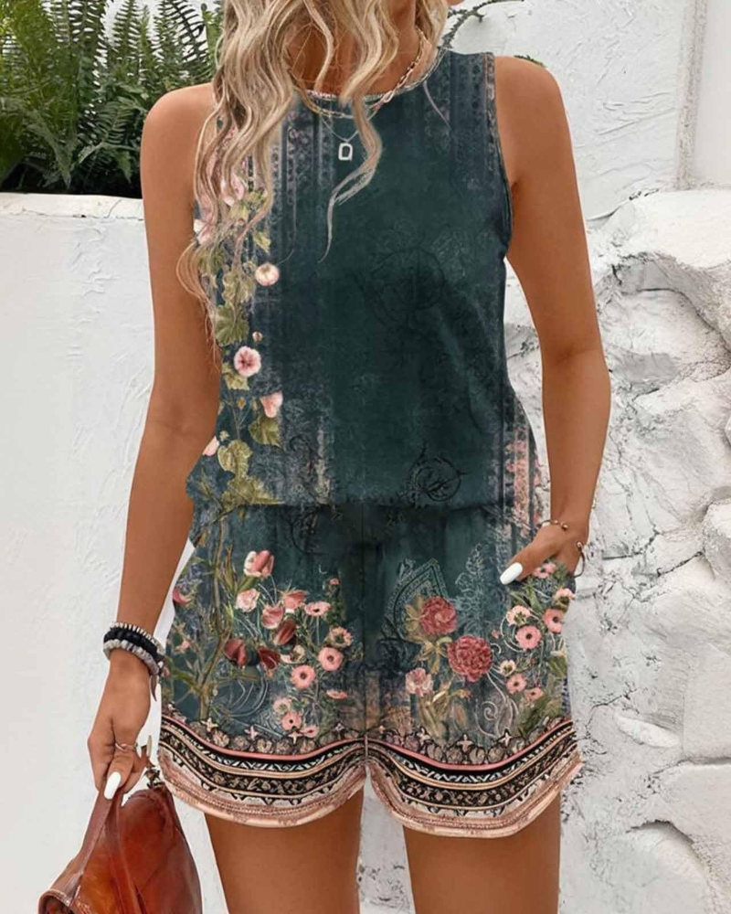 Heather Conjunto Mujer – Set Floral Retro con Top de Tirantes y Shorts de Verano