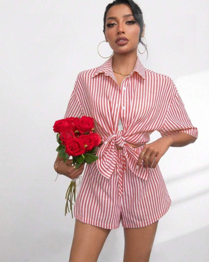 Bianca Conjunto Mujer – Set Rayas Dos Piezas, Camisa Manga Corta y Shorts