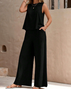 Evelyn Conjunto Mujer – Set Negro, Top Manga Abullonada y Pantalón Ancho
