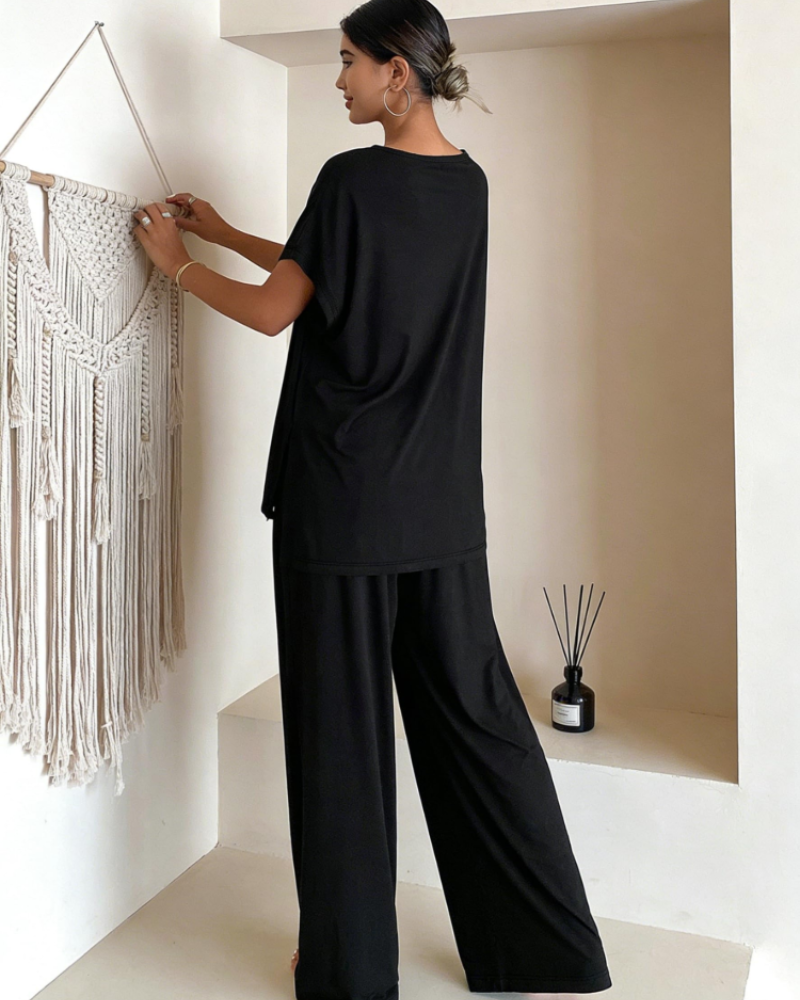 Carmen Conjunto Lounge Mujer – Top Escote en V, Manga Corta y Pantalón Ancho