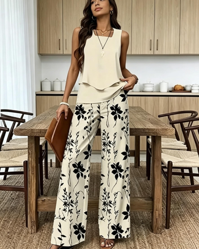 Nadia Conjunto Mujer – Set Dos Piezas, Top Sin Mangas y Shorts Estampado Hojas