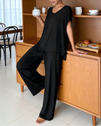 Carmen Conjunto Lounge Mujer – Top Escote en V, Manga Corta y Pantalón Ancho