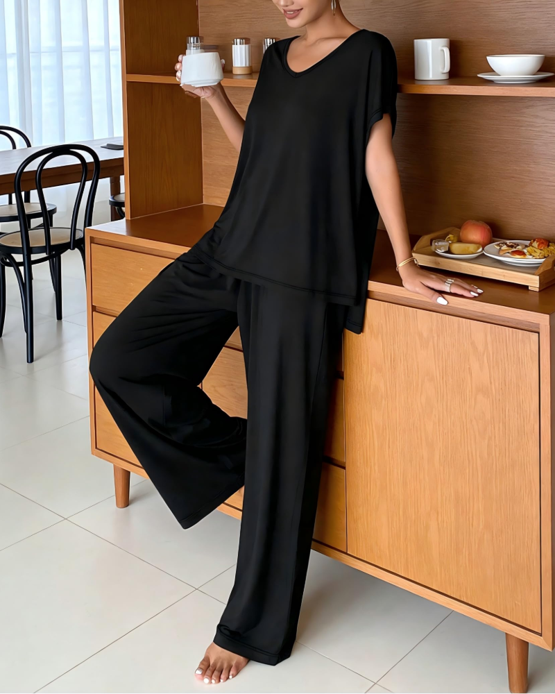 Carmen Conjunto Lounge Mujer – Top Escote en V, Manga Corta y Pantalón Ancho