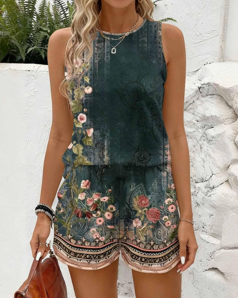 Heather Conjunto Mujer – Set Floral Retro con Top de Tirantes y Shorts de Verano