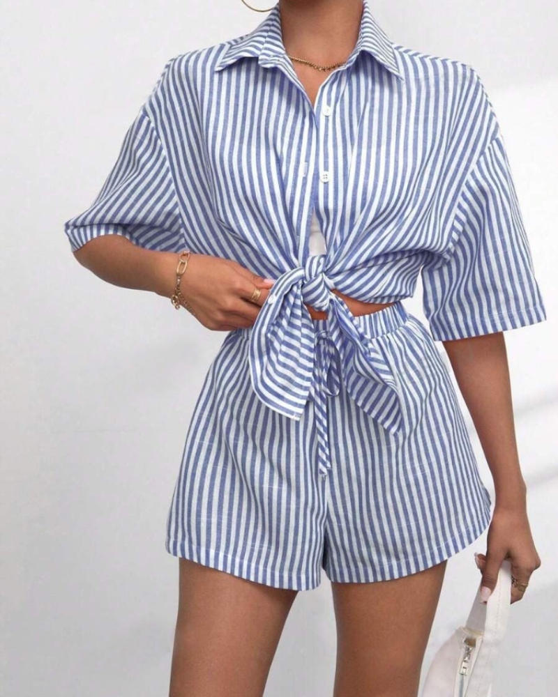 Bianca Conjunto Mujer – Set Rayas Dos Piezas, Camisa Manga Corta y Shorts